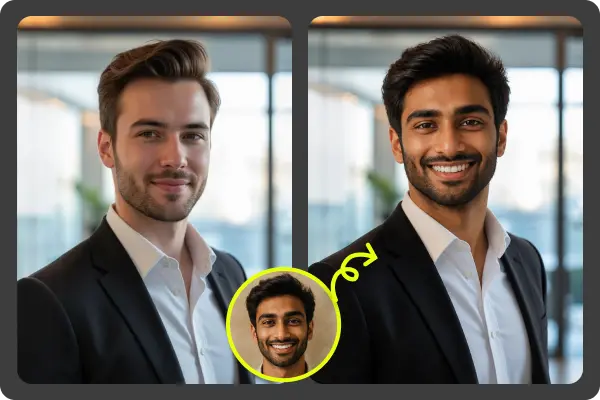 Side-by-side portrait example showing lighting and skin-tone blending