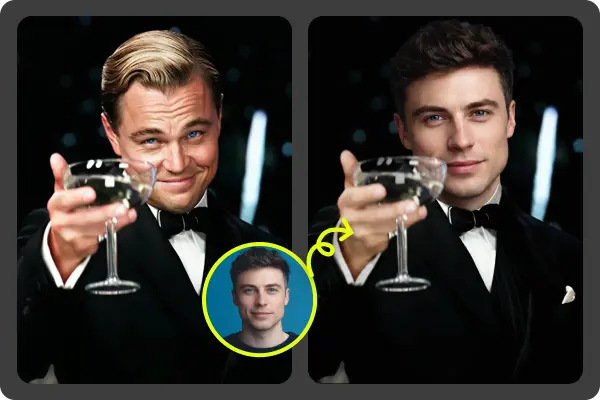 Cinema-inspired formal portrait before and after a face swap