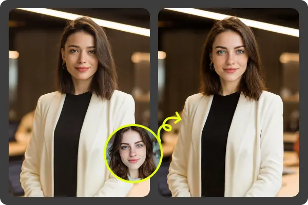 Professional portrait concept with original and replacement faces