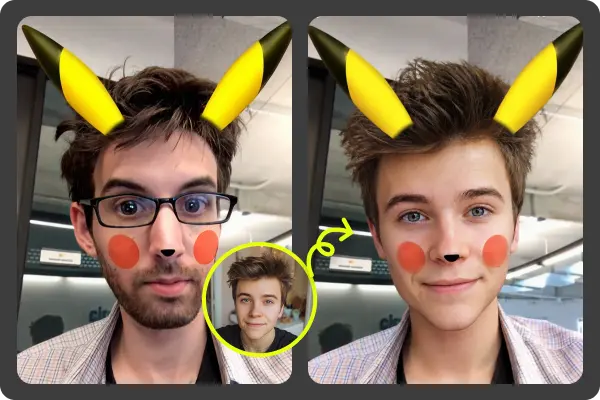 Playful character portrait before and after a face replacement