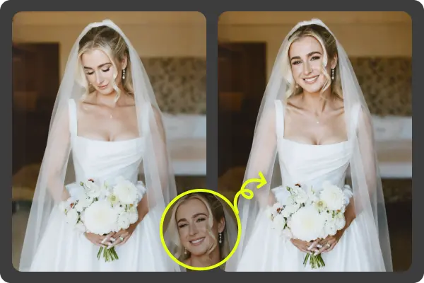 Wedding portrait example showing two facial expressions side by side